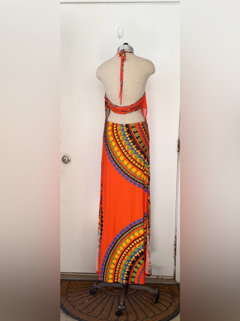 VENUS Orange Halter Maxi Dress with Multicolor Circular Print Womens M - Picture 4 of 6